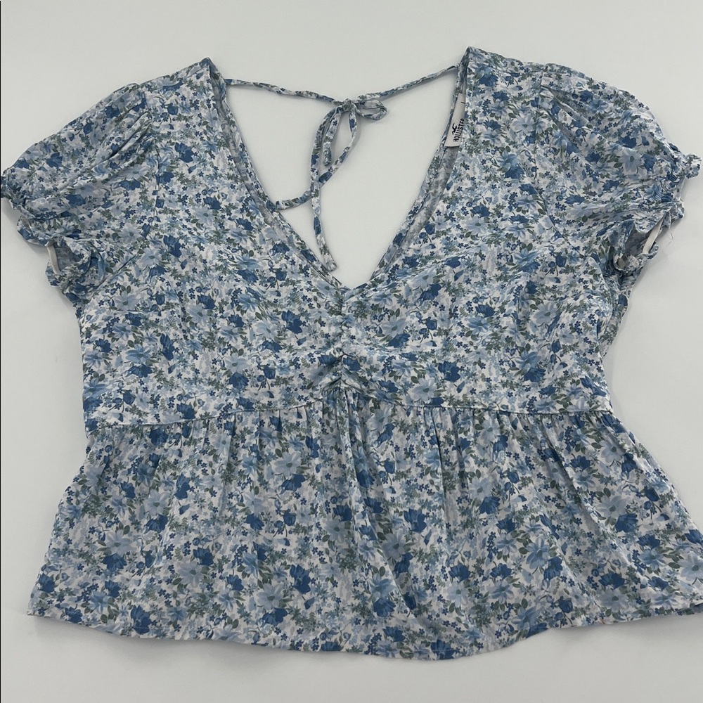 Hollister puff sleeve frill top blue floral milkmaid cottagecore L - Picture 3 of 8